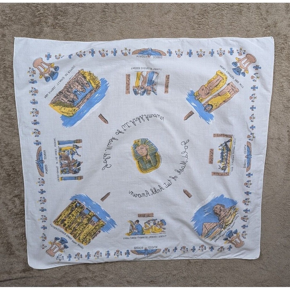 Vintage Egyptian Temples Theme Linen Tablecloth White Graphic Print 27x26 in